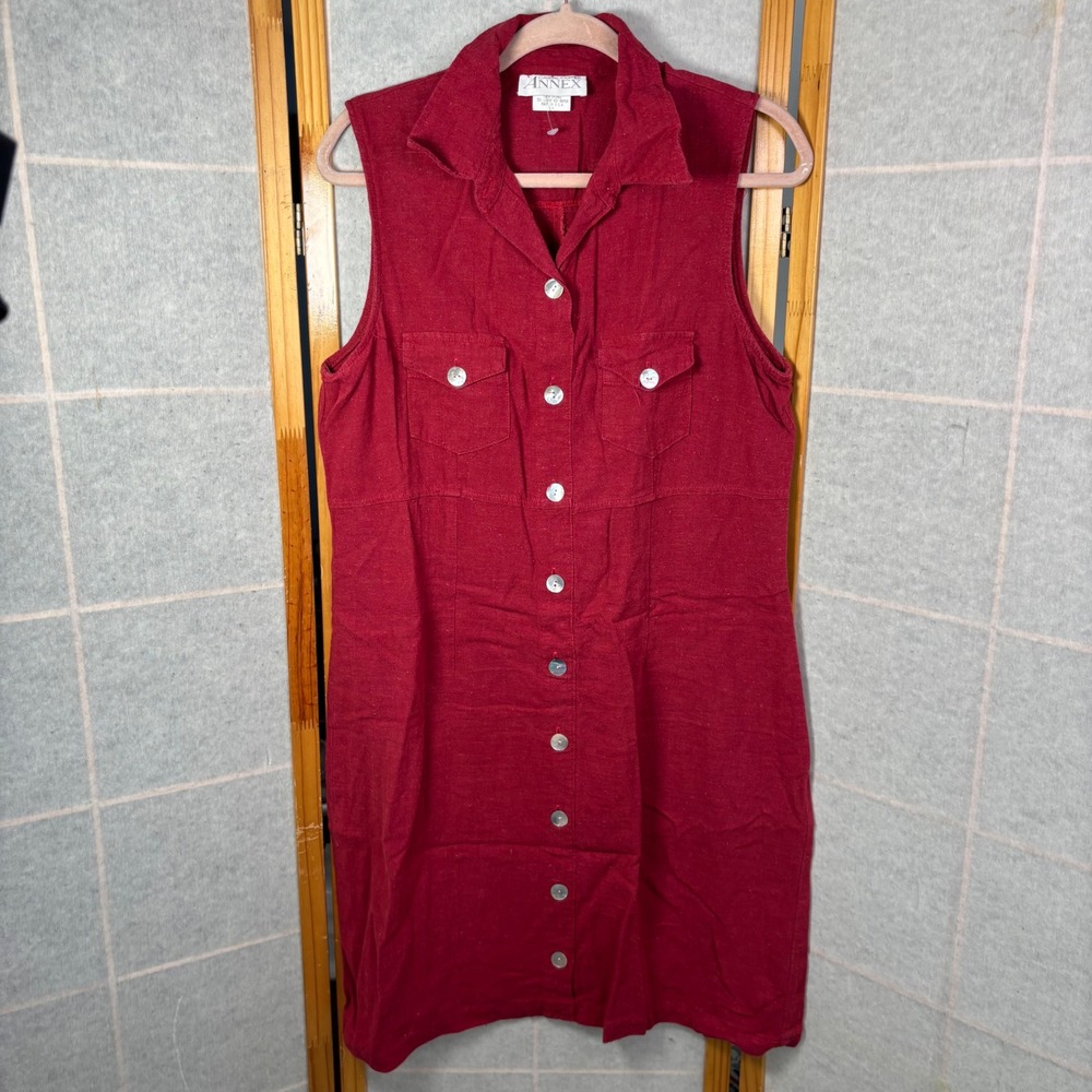 Casual Corner Annex Dress 14 Red Linen Blend Sleeveless Button Front Shift 90s